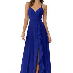 Royal Blue V-Neck Ruffle Chiffon Floor-Length Dress